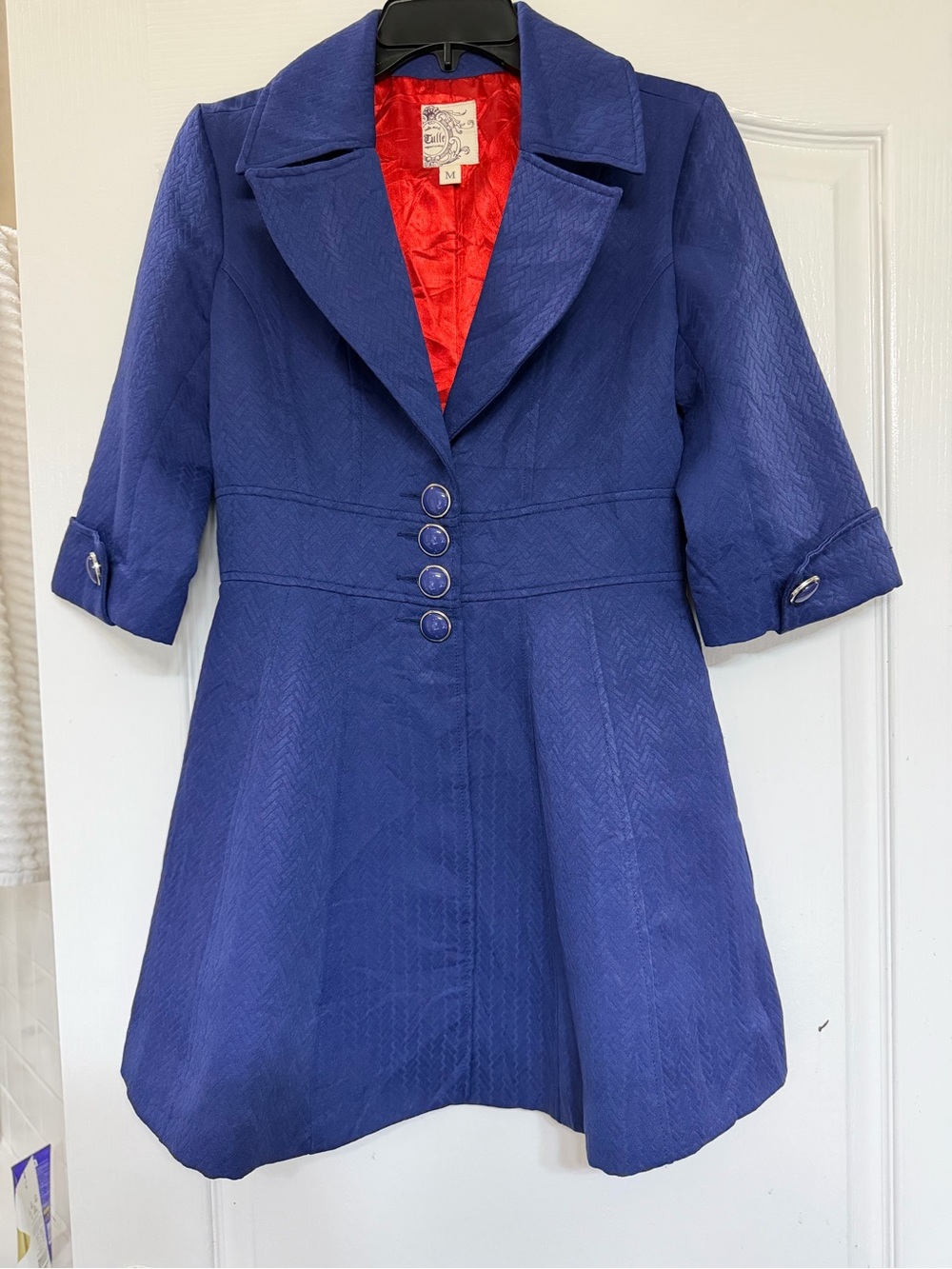 Anthropologie Tulle Navy Textured Coat M Red Lining Statement Buttons Retro